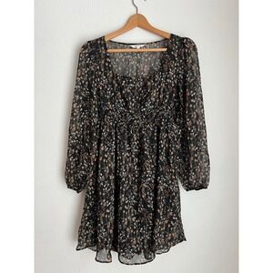 Amaryllis Black Floral Print Square Neck  Long Sleeve Mini Dress Size S